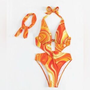 Orange Swimsuit Set One Piece Sz S Halter Neck w/ Headband Shein Resort Beachy